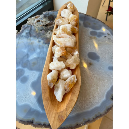 Large citrine raw crystals from Brazil in wooden boat dish