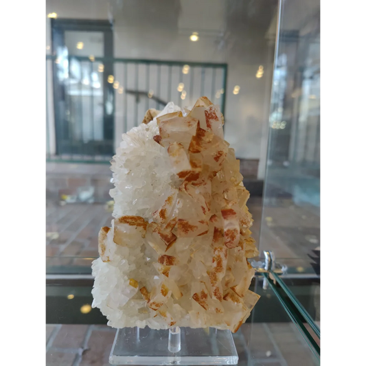 Large orange Barite on Quartz crystalline cluster specimen