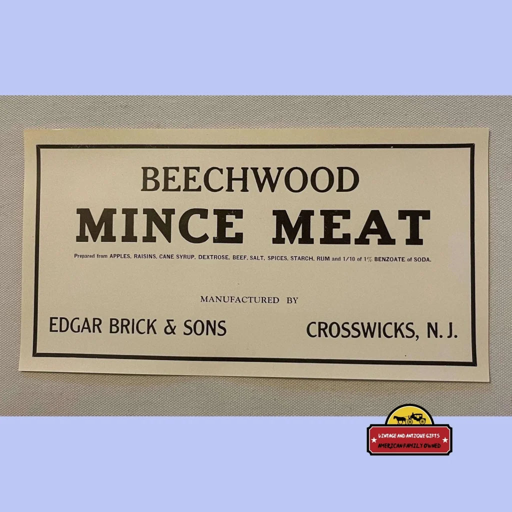 Large Version Antique Vintage 1910s Beechwood Mince Meat Label Advertisements Food and Home Misc. Memorabilia Rare