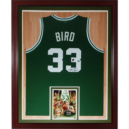 Larry Bird autographed green Boston Celtics deluxe framed jersey #33