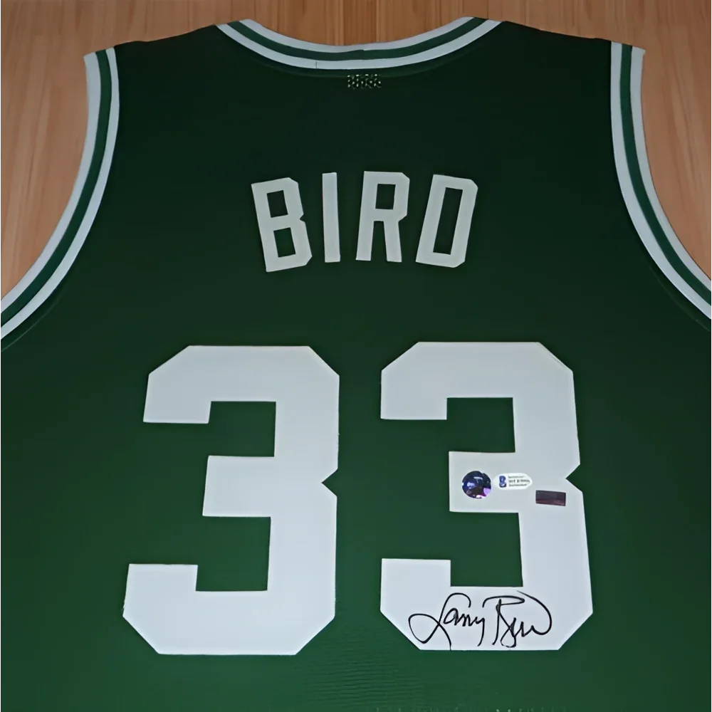 Larry Bird autographed green Boston Celtics deluxe framed jersey #33