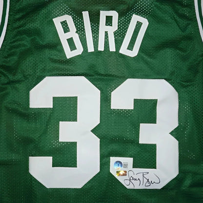 Larry Bird autographed green jersey card with Bird 33