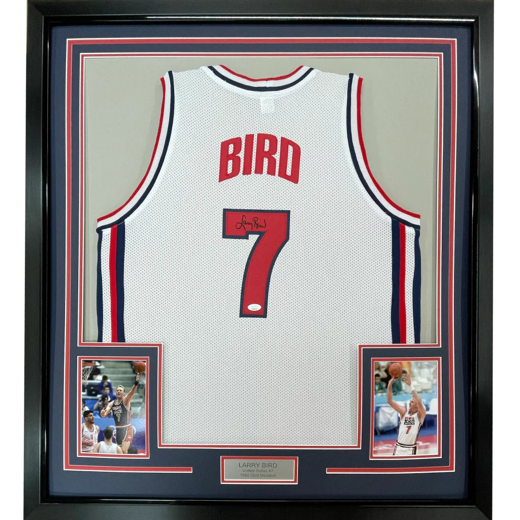 Framed Larry Bird Autographed Jersey with Action Photos and Nameplate ready to hang