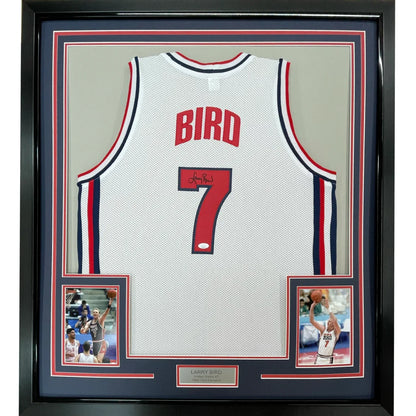 Framed Larry Bird Autographed Jersey with Action Photos and Nameplate ready to hang