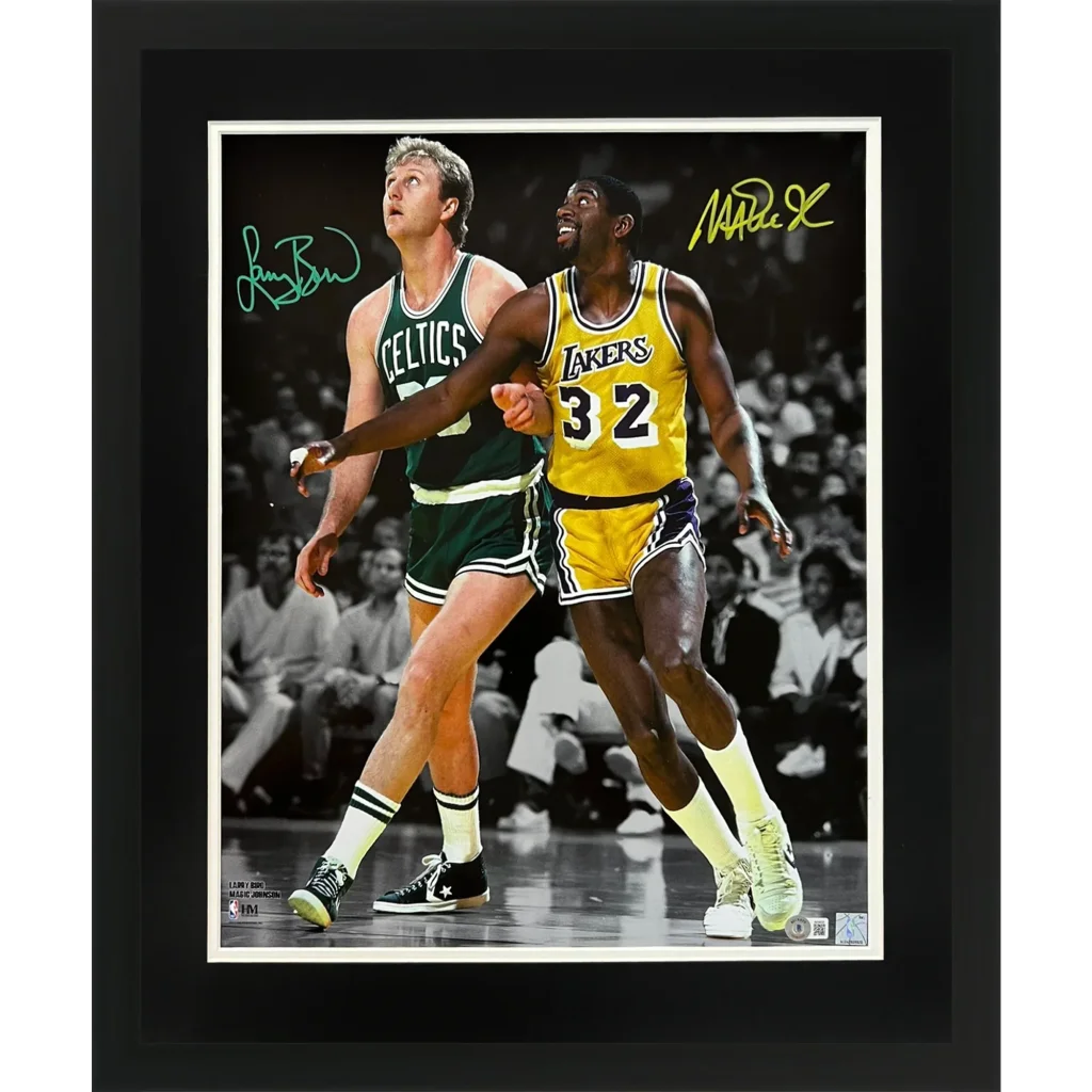Larry Bird and Magic Johnson dual autographed deluxe framed 16x20 photo, Beckett Witness