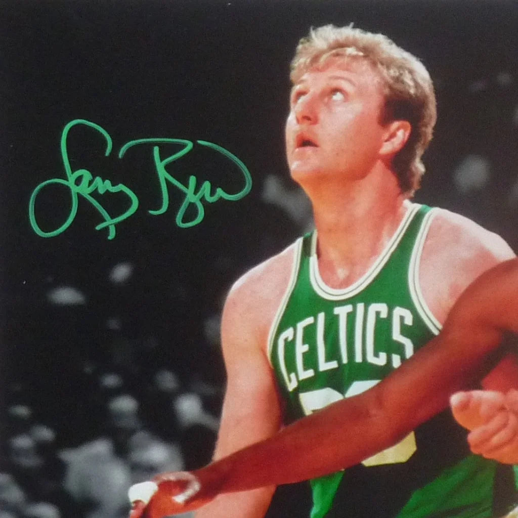 Larry Bird autographed green Celtics jersey 32, Beckett Witness framed photo