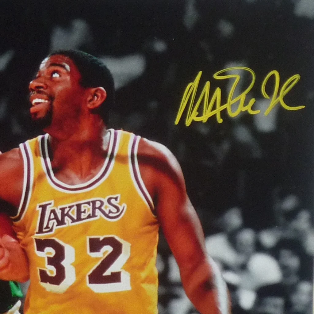 Larry Bird yellow Lakers jersey number 32, deluxe framed 16x20 Beckett Witness