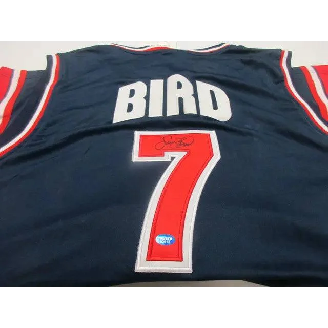 Dark blue Larry Bird Team USA signed jersey with BIRD and number 7 on back