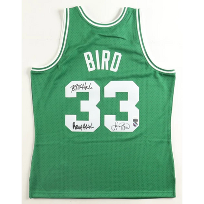 Green Larry Bird Celtics jersey with autographs for authenticity purposes, England picture