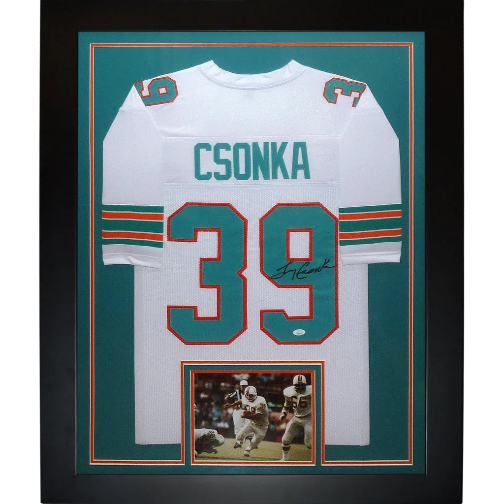 Larry Csonka autographed white Miami Dolphins jersey framed in black