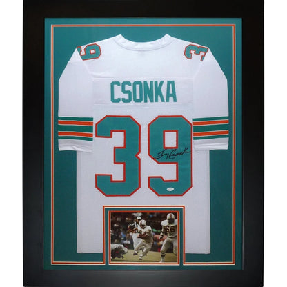 Larry Csonka autographed white Miami Dolphins jersey framed in black