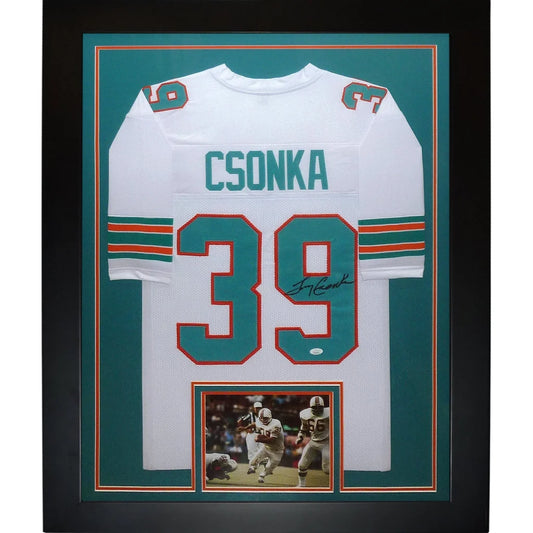 Larry Csonka autographed white Miami Dolphins framed jersey #39