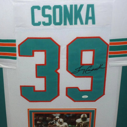 Larry Csonka autographed white Miami Dolphins #39 framed jersey