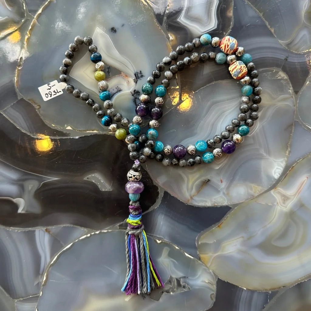 Colorful Larvikite Amethyst and Blue Apatite mala beads with tassel