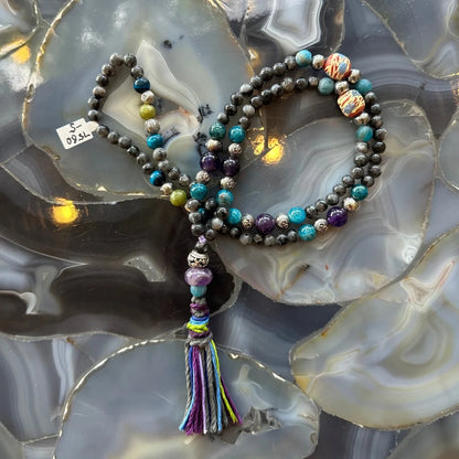 Colorful Larvikite Amethyst and Blue Apatite mala beads with tassel