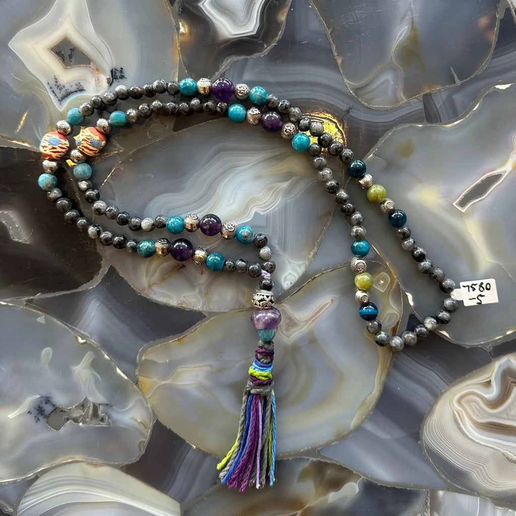 Colorful Larvikite Amethyst and Blue Apatite mala beads necklace with tassel