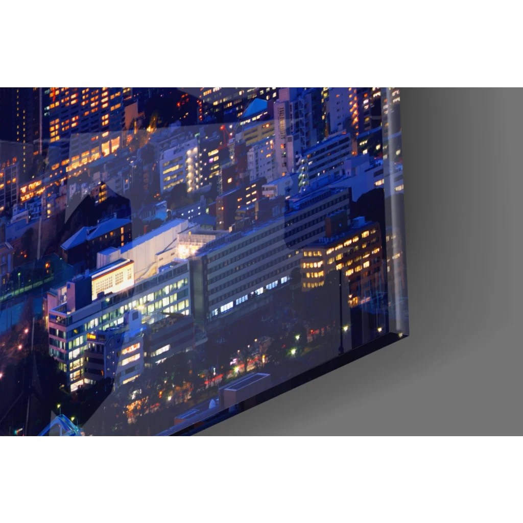 Tokyo Tower Twilight Glow glass wall art with illuminated cityscape