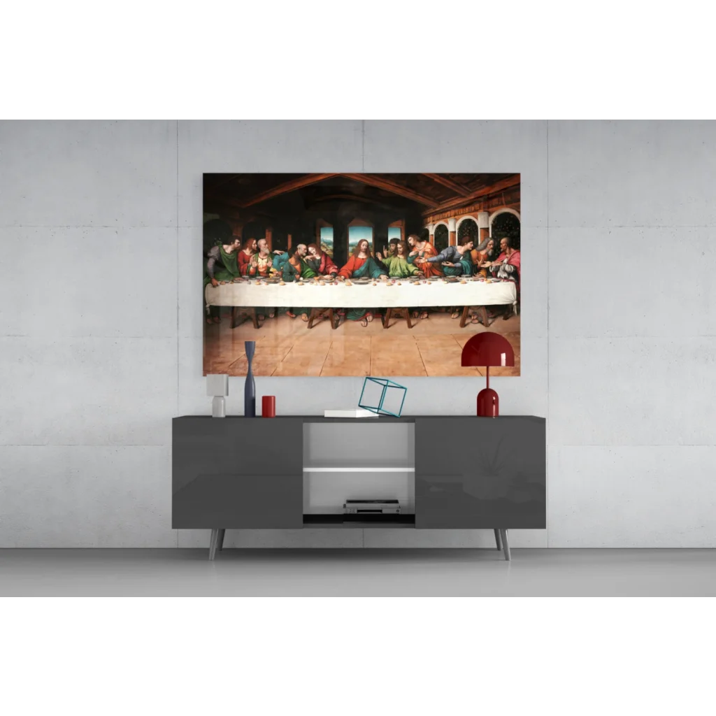 Framed Leonardo Da Vinci Last Supper canvas wall art on minimalist wall