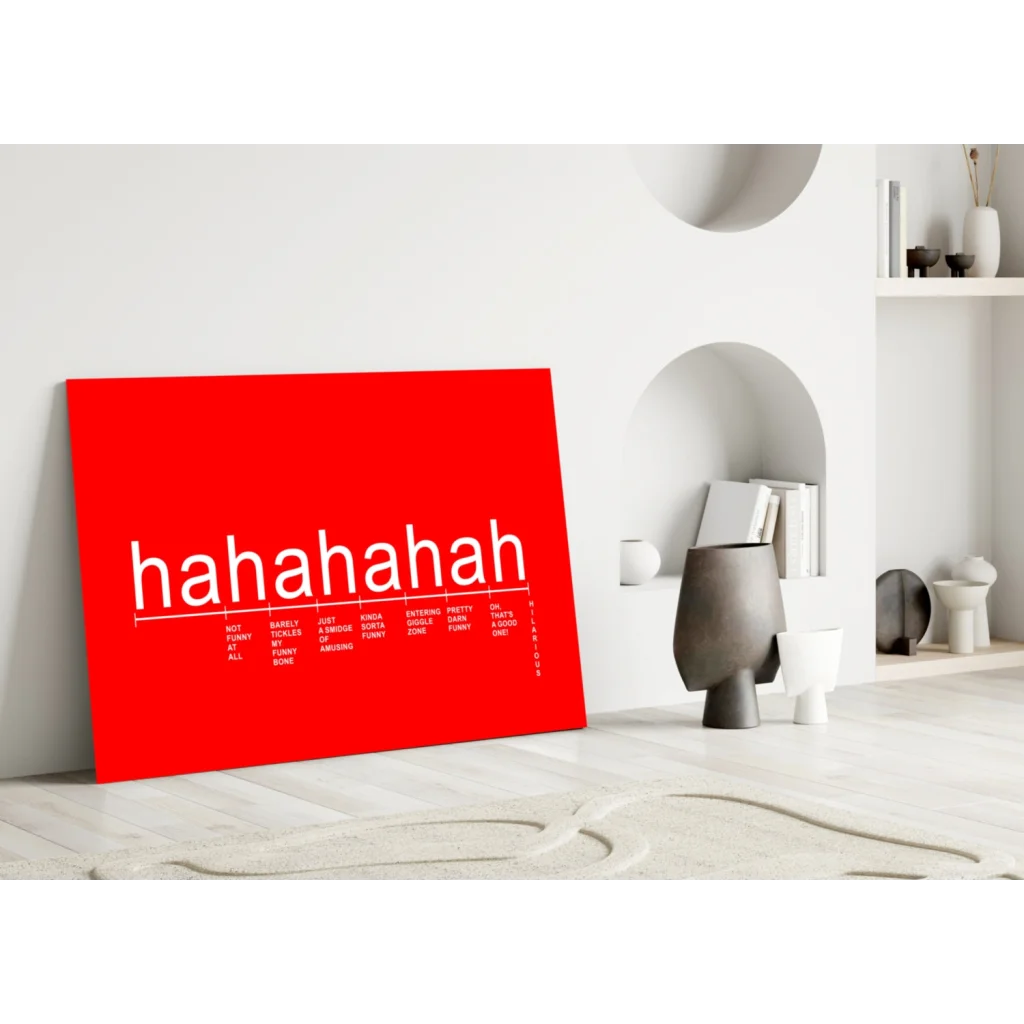 Vibrant red canvas wall art print with hahahaha in bold white letters
