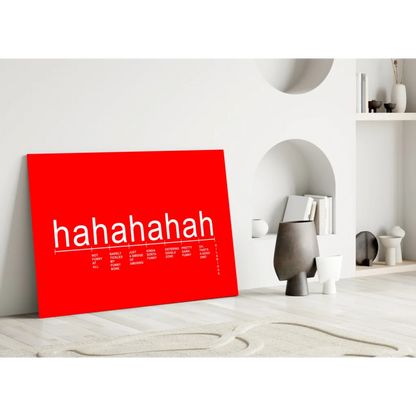Vibrant red canvas wall art print with hahahaha in bold white letters