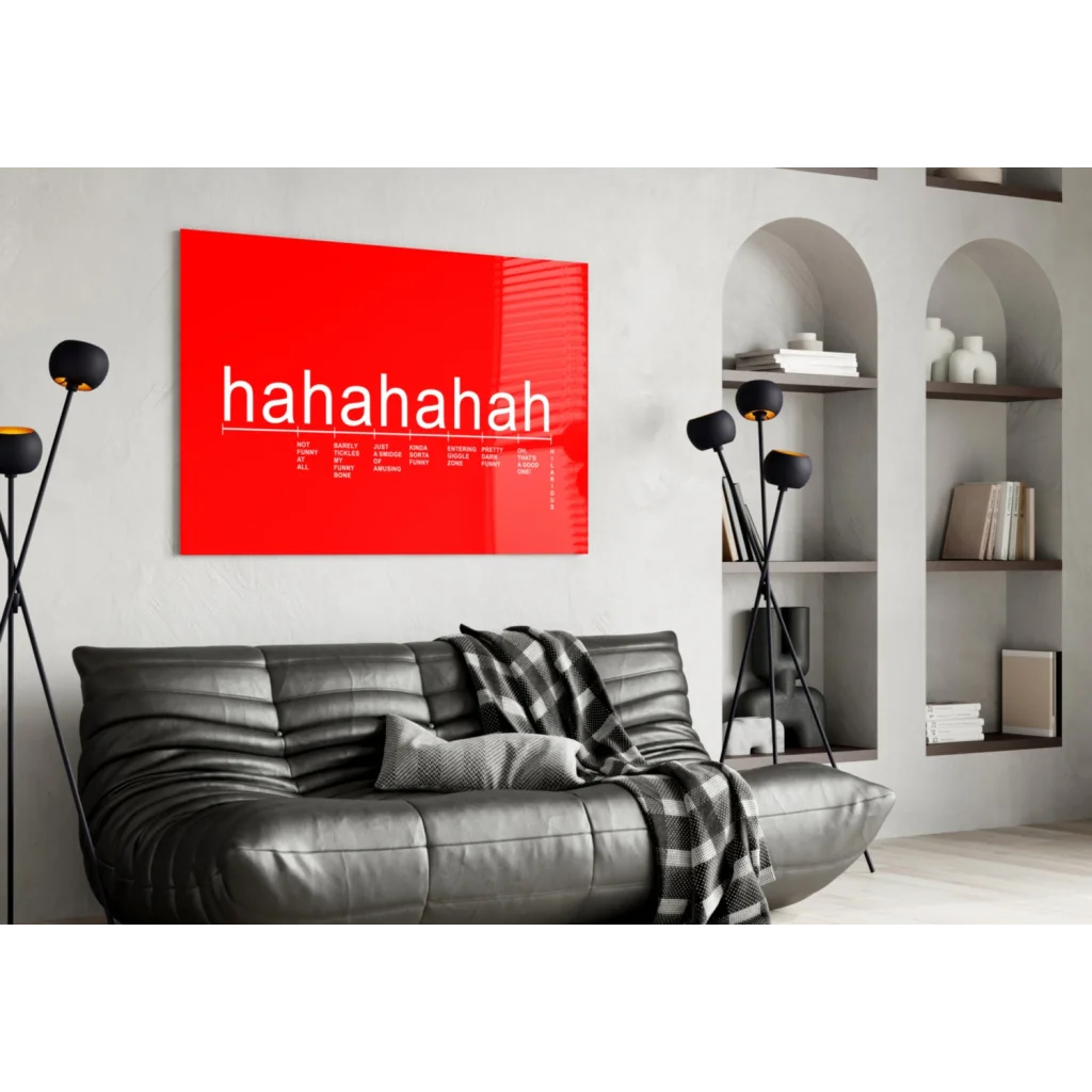 Vibrant red canvas wall art with bold white hahahaha text, minimalist humor print