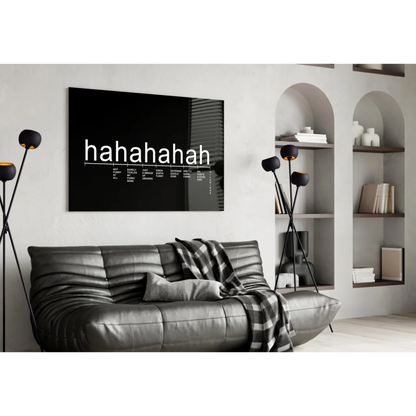 Hahahaha humor scale black canvas wall art with bold white text