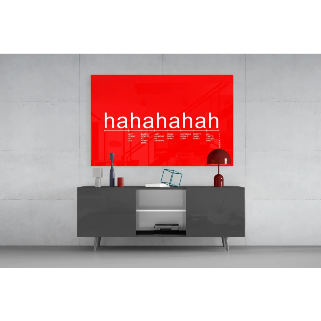 Vibrant red rectangular wall art with bold white hahahaha lettering