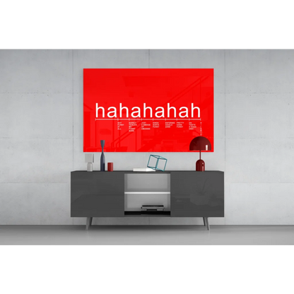 Vibrant red rectangular wall art with bold white hahahaha lettering