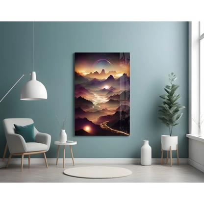 Surreal mountain sunset glass wall art with glowing purple peaks