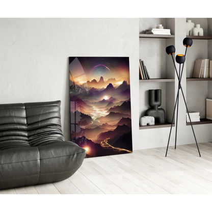 Vibrant surreal mountain sunset glass wall art with glowing purple peaks