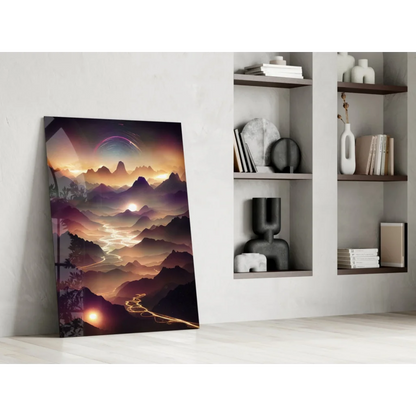 Surreal mountain sunset glass wall art with glowing purple peaks
