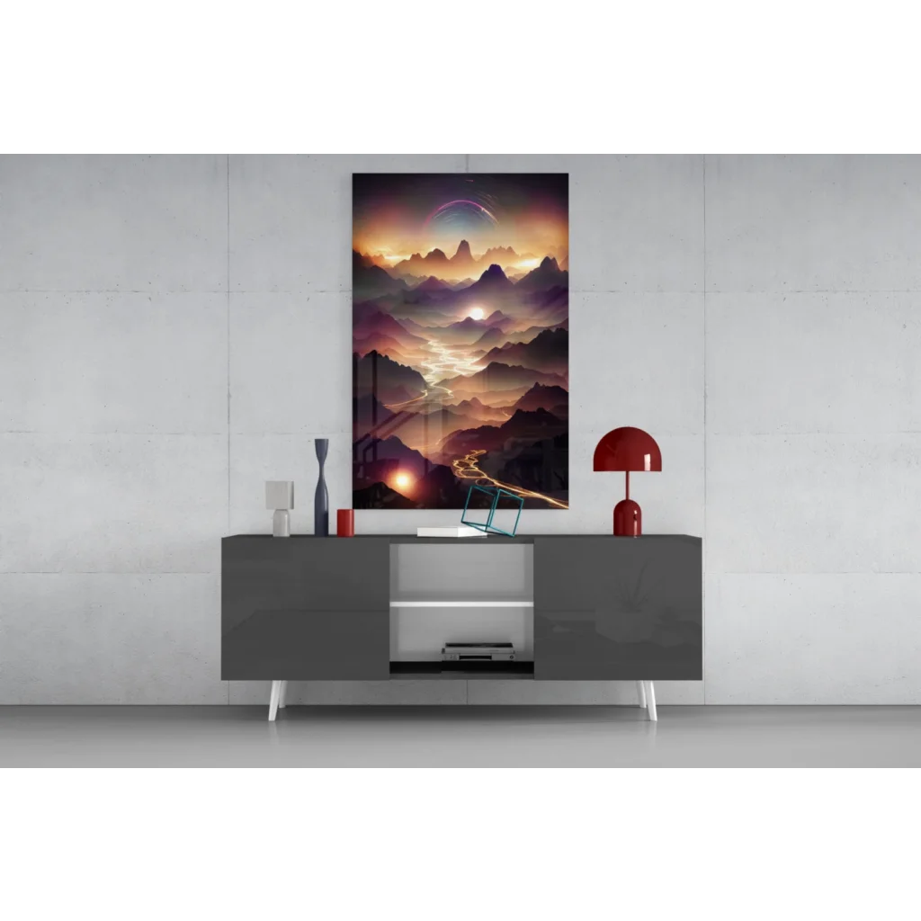 Surreal mountain sunset glass wall art with glowing purple peaks