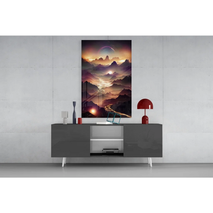 Surreal mountain sunset glass wall art with glowing purple peaks