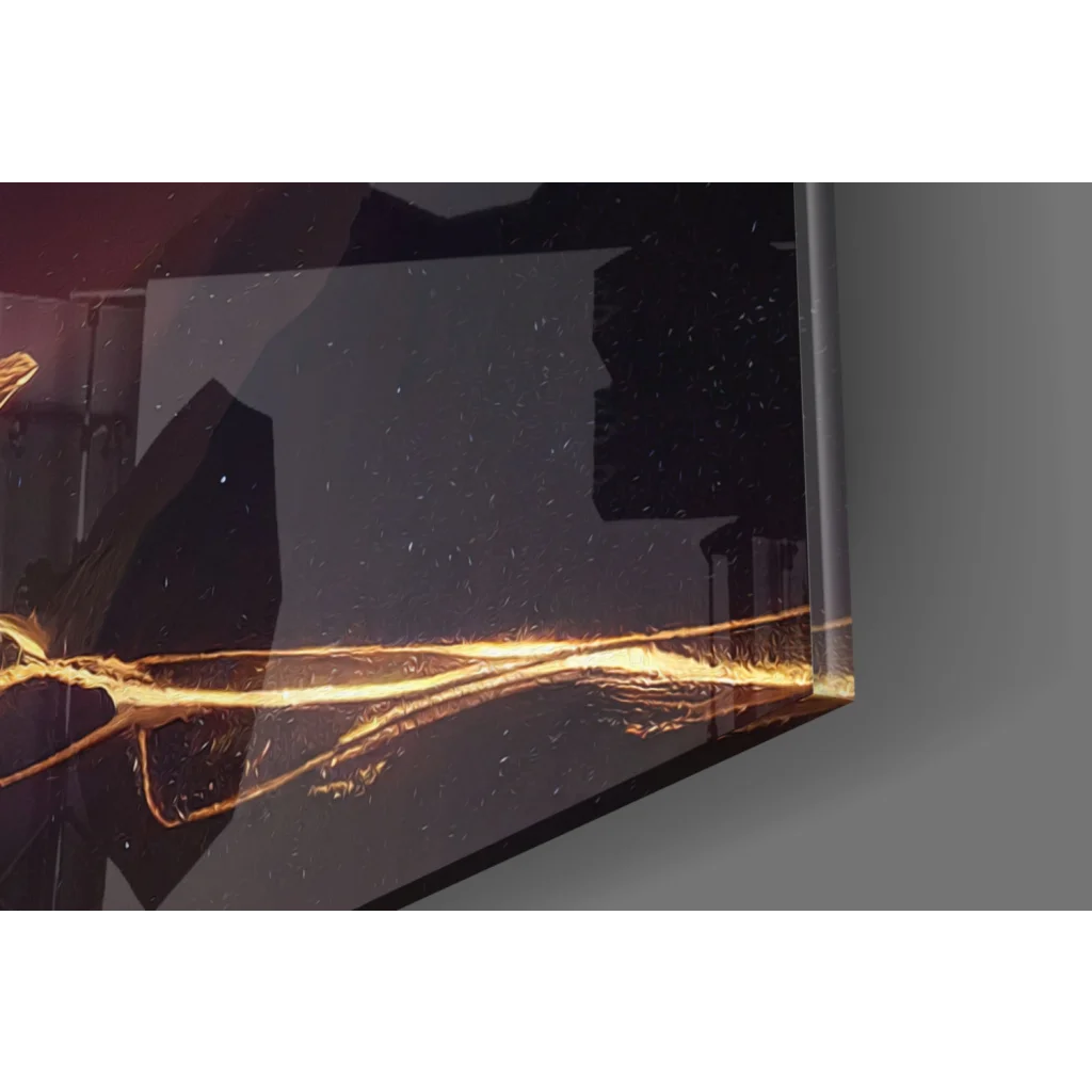 Sleek black acrylic glass wall art with golden liquid flow and purple peaks