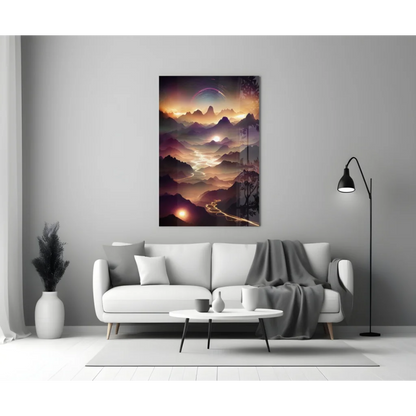 Surreal mountain sunset glass wall art with glowing purple peaks