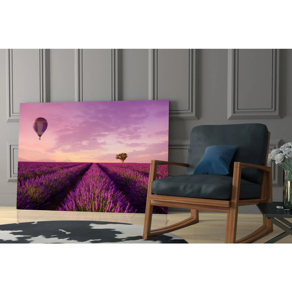 Dreamy lavender hot air balloon glass wall art canvas print