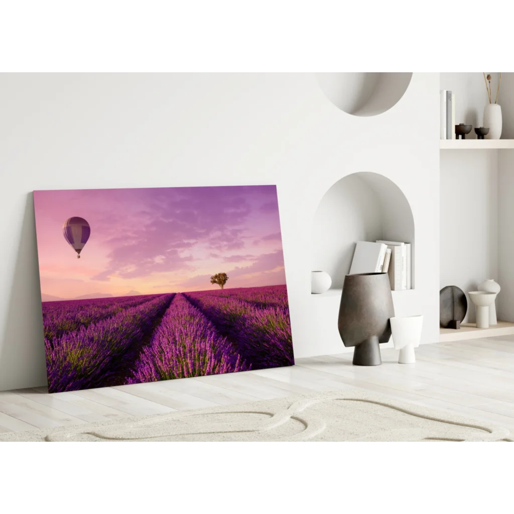 Dreamy lavender field glass wall art with hot air balloon and tree under pink sky