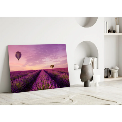 Dreamy lavender field glass wall art with hot air balloon and tree under pink sky