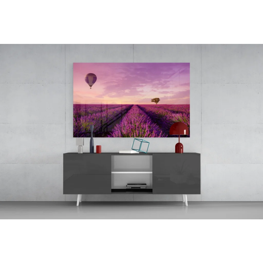 Dreamy lavender hot air balloon glass wall art canvas print