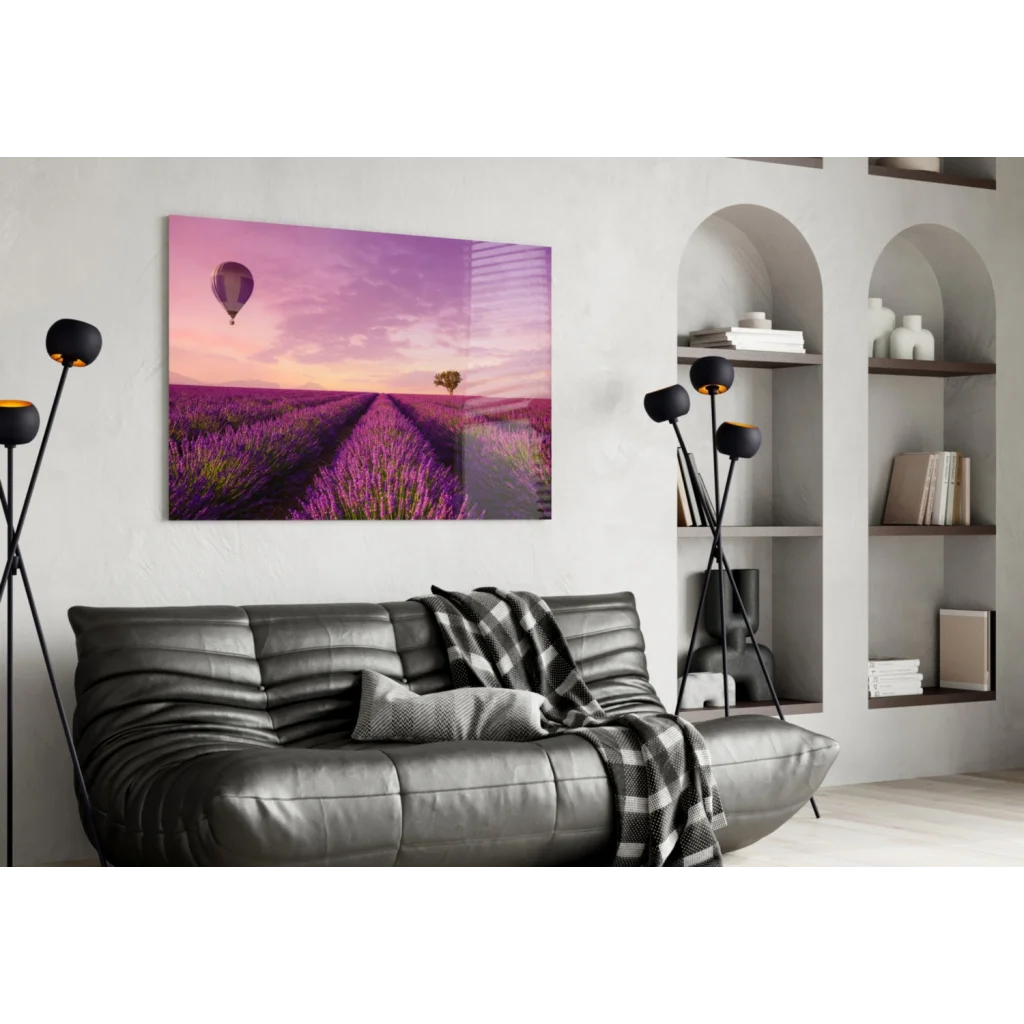 Dreamy lavender field glass wall art with hot air balloon sunset