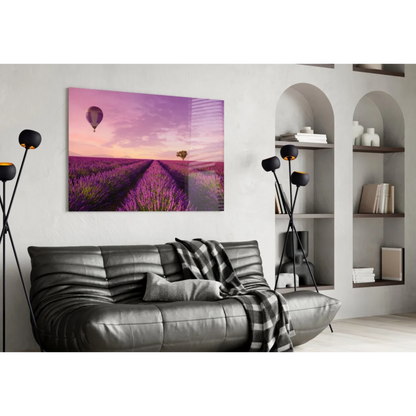 Dreamy lavender field glass wall art with hot air balloon sunset