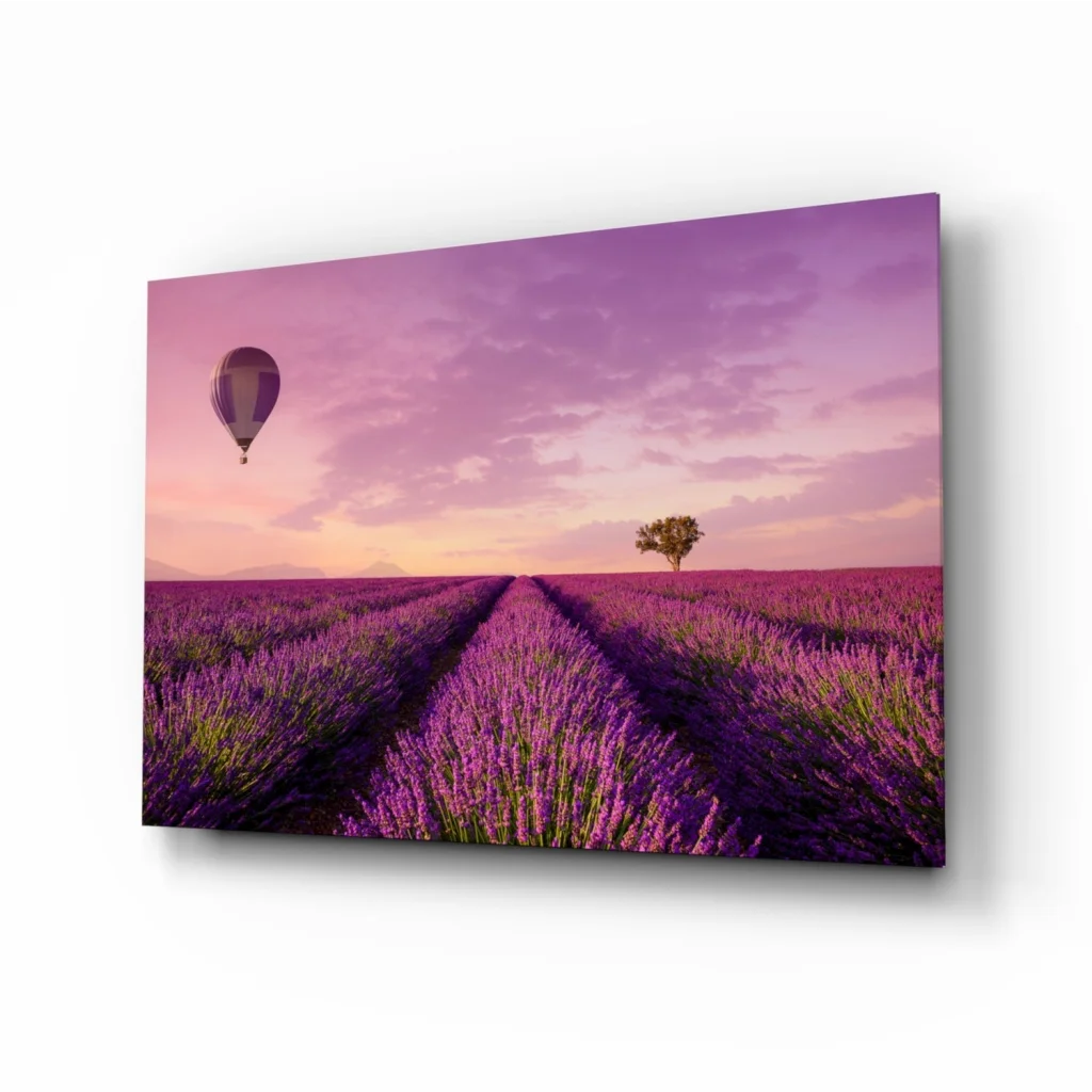 Dreamy lavender hot air balloon glass wall art canvas print