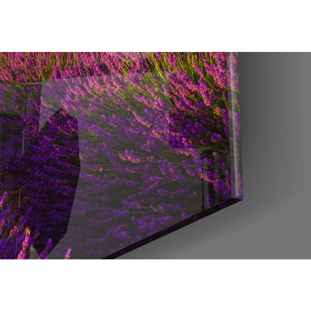 Dreamy lavender hot air balloon glass wall art with purple flowers