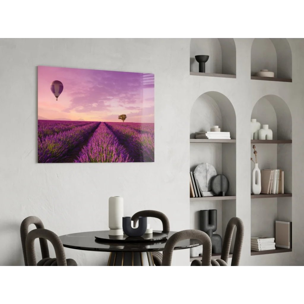 Dreamy lavender field with hot air balloon glass wall art canvas print