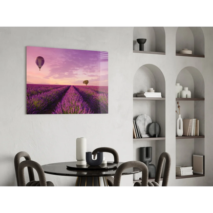 Dreamy lavender field with hot air balloon glass wall art canvas print