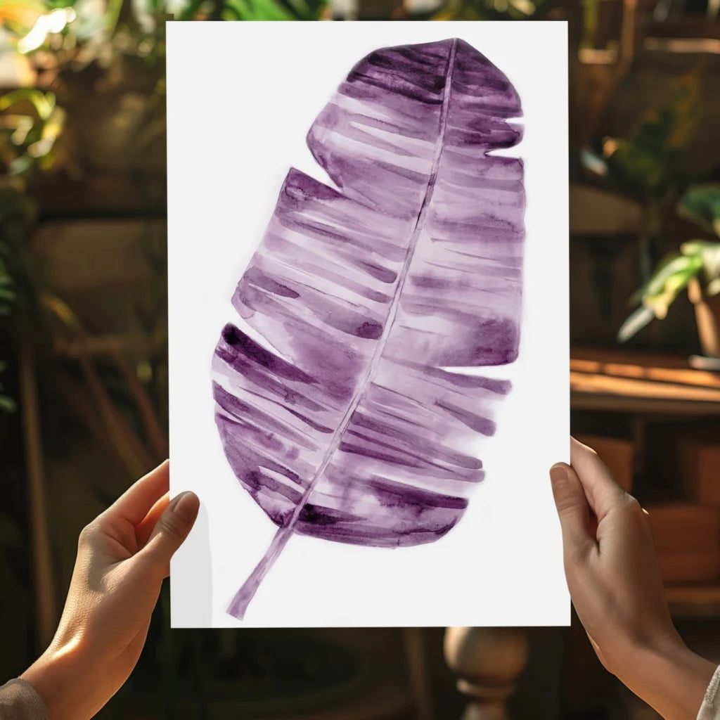Purple banana leaf print on white paper in Lavender Banana Leaf Aluminum Wall Art