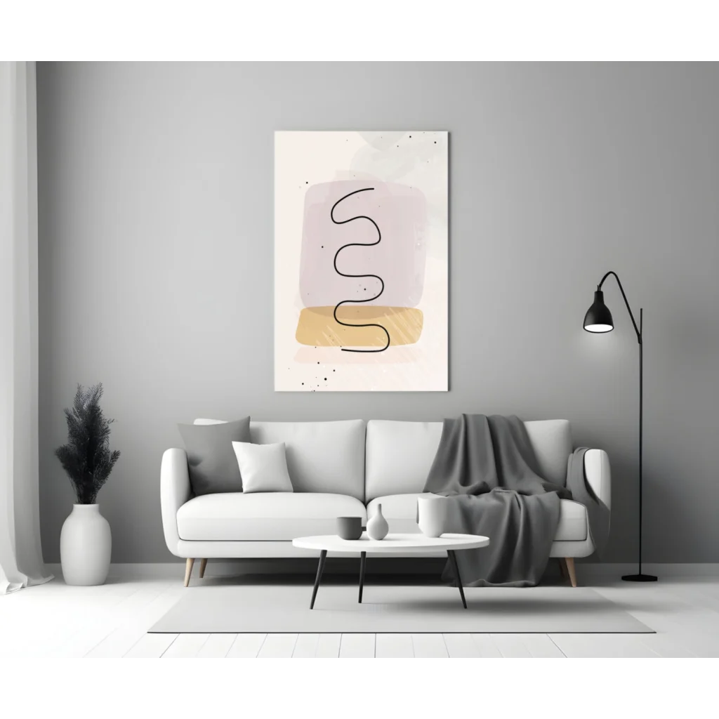 Minimalist black wavy line on blush gold glass wall art