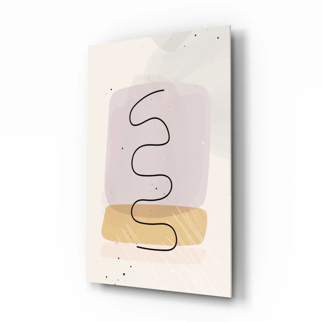 Minimalist glass wall art with lavender blush geometric shapes and black wave design