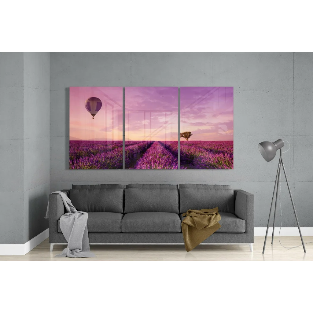 Purple lavender field triptych glass wall art with hot air balloon