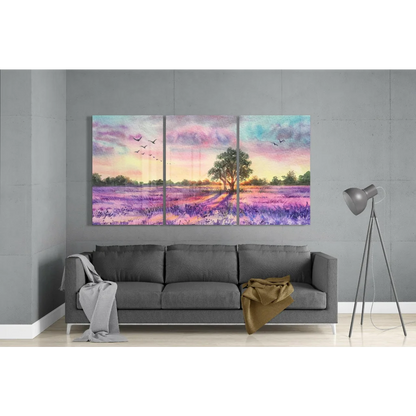 3-panel lavender field glass wall art triptych with tree and birds in pastel hues